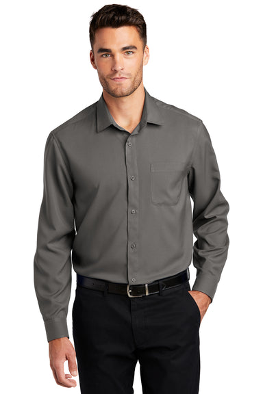 Port Authority Mens Performance Long Sleeve Button Down Shirt w/ Pocket Graphite Grey Front