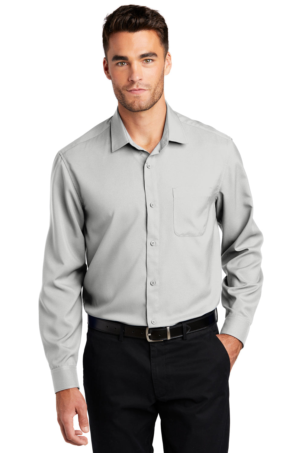 Port Authority Mens Performance Long Sleeve Button Down Shirt w/ Pocket Silver Grey Front