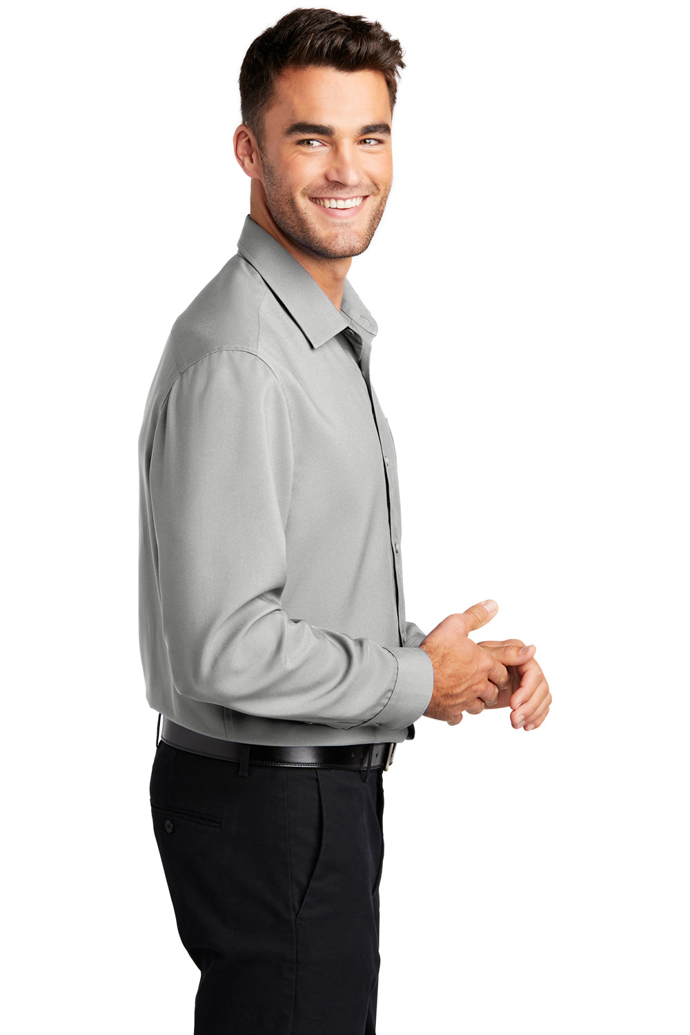 Port Authority Mens Performance Long Sleeve Button Down Shirt w/ Pocket Silver Grey Side