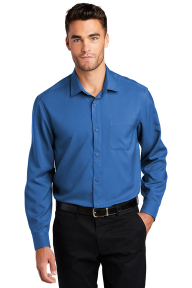Port Authority Mens Performance Long Sleeve Button Down Shirt w/ Pocket True Blue Front