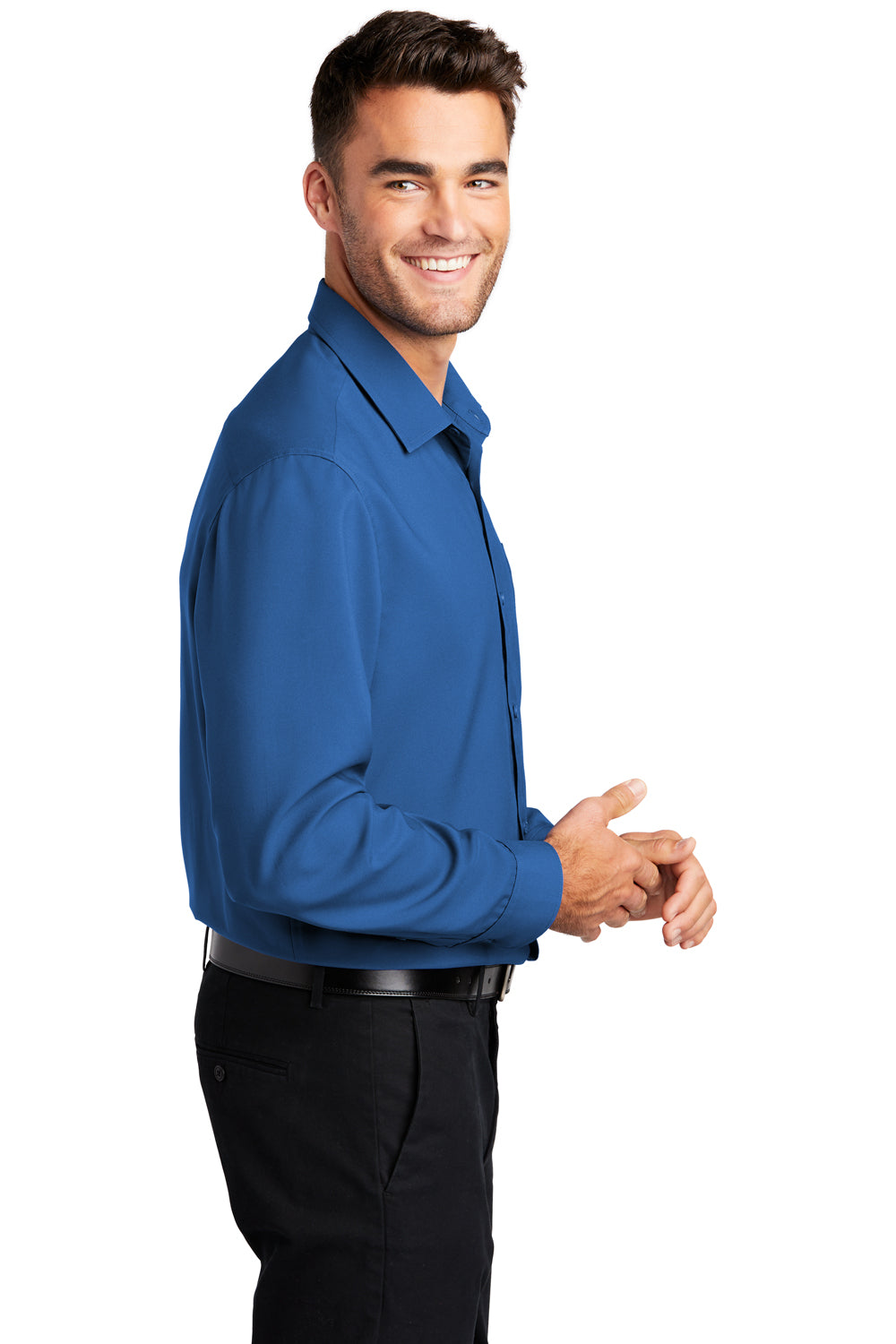 Port Authority Mens Performance Long Sleeve Button Down Shirt w/ Pocket True Blue Side