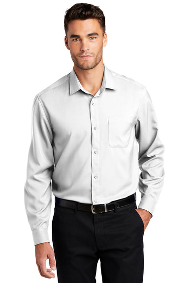 Port Authority Mens Performance Long Sleeve Button Down Shirt w/ Pocket White Front