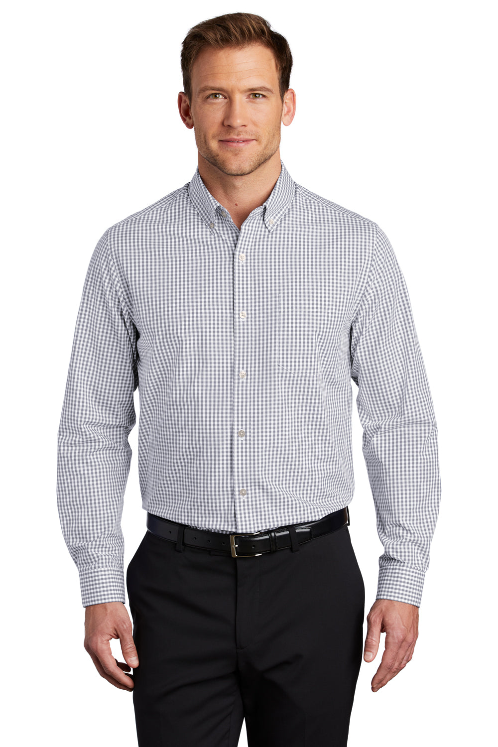 Port Authority Mens Broadcloth Gingham Long Sleeve Button Down Shirt w/ Pocket Gusty Grey/White Front