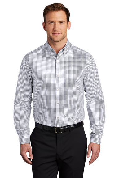 Port Authority Mens Broadcloth Gingham Long Sleeve Button Down Shirt w/ Pocket Gusty Grey/White Front