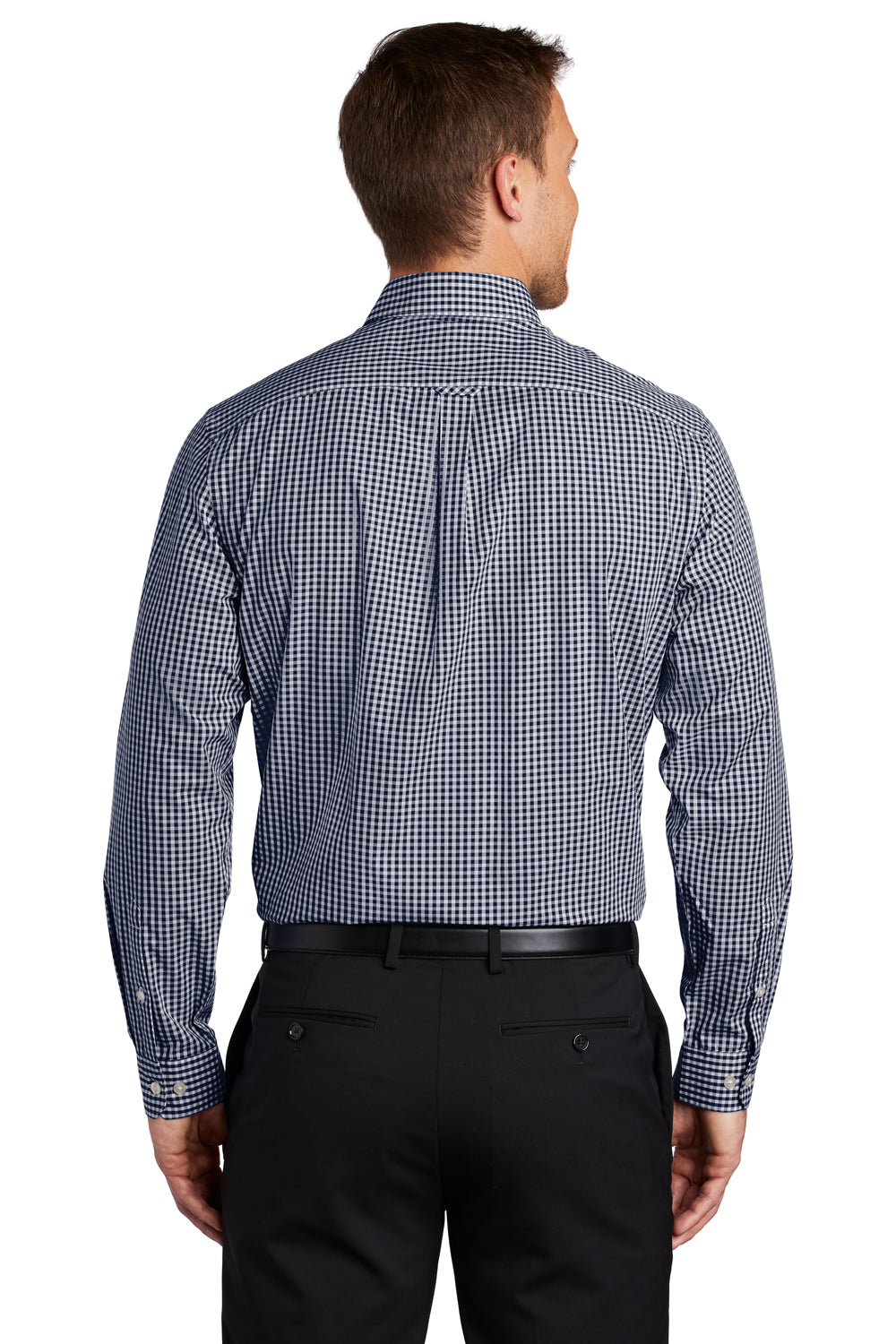 Port Authority Mens Broadcloth Gingham Long Sleeve Button Down Shirt w/ Pocket True Navy Blue/White Side
