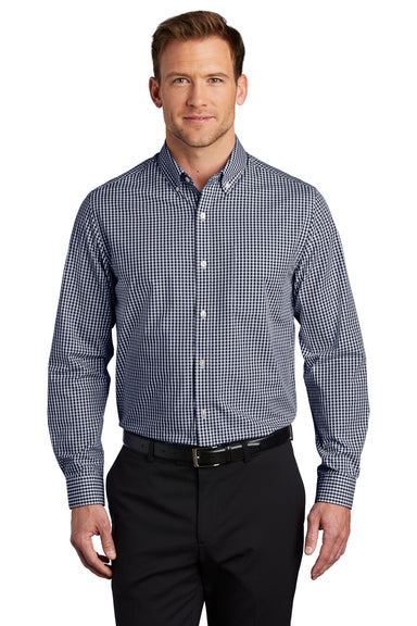 Port Authority Mens Broadcloth Gingham Long Sleeve Button Down Shirt w/ Pocket True Navy Blue/White Front