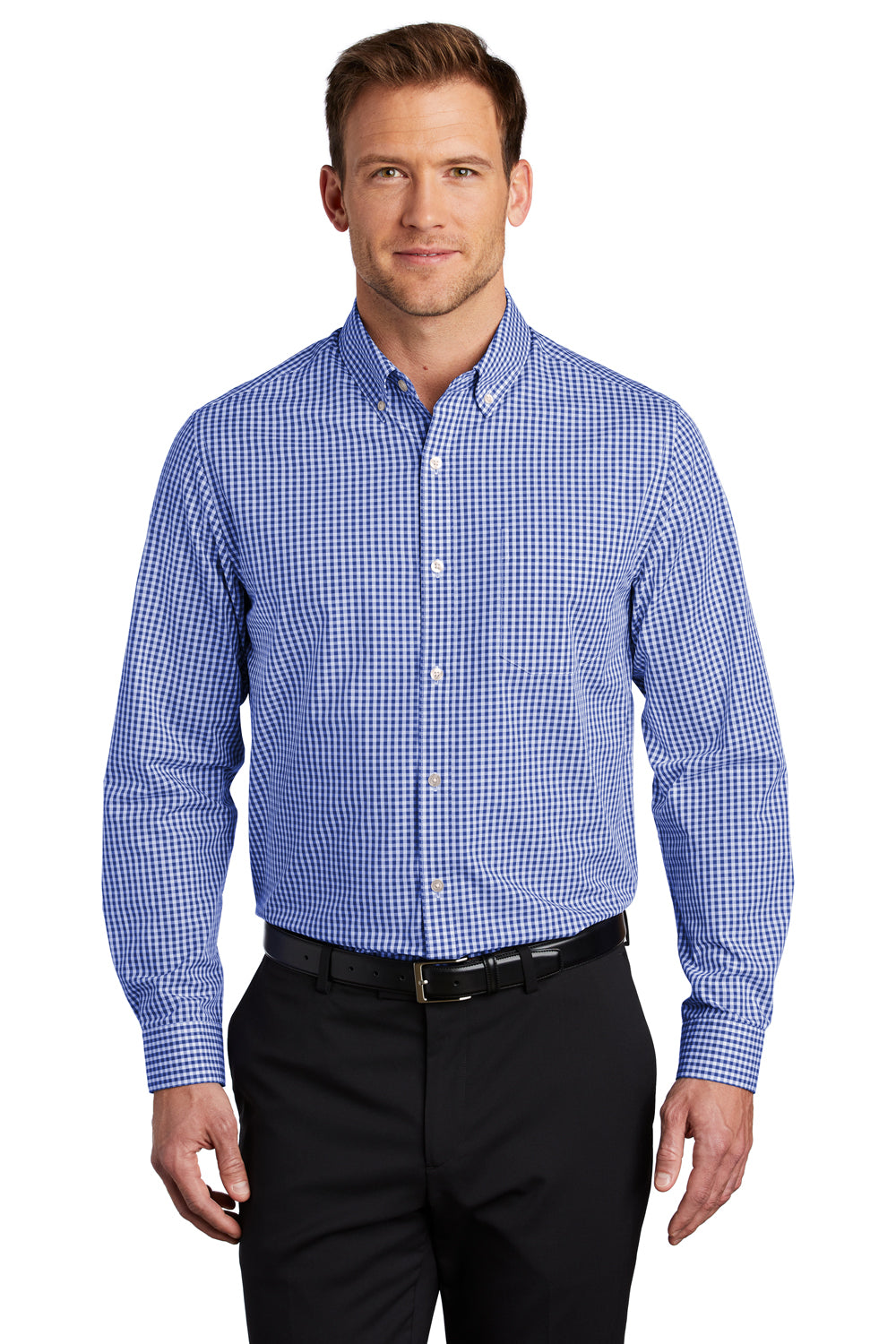 Port Authority Mens Broadcloth Gingham Long Sleeve Button Down Shirt w/ Pocket True Royal Blue/White Front