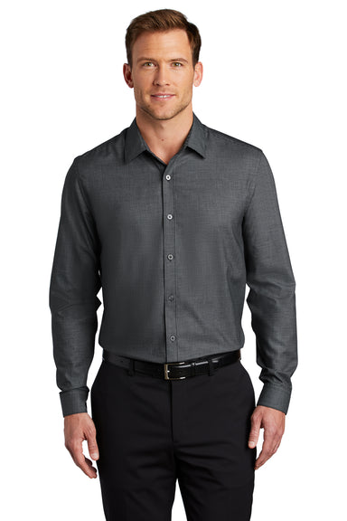 Port Authority Mens Pincheck Long Sleeve Button Down Shirt Black/Steel Grey Front