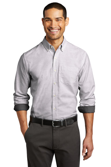 Port Authority Mens SuperPro Long Sleeve Button Down Shirt w/ Pocket Black/White Front
