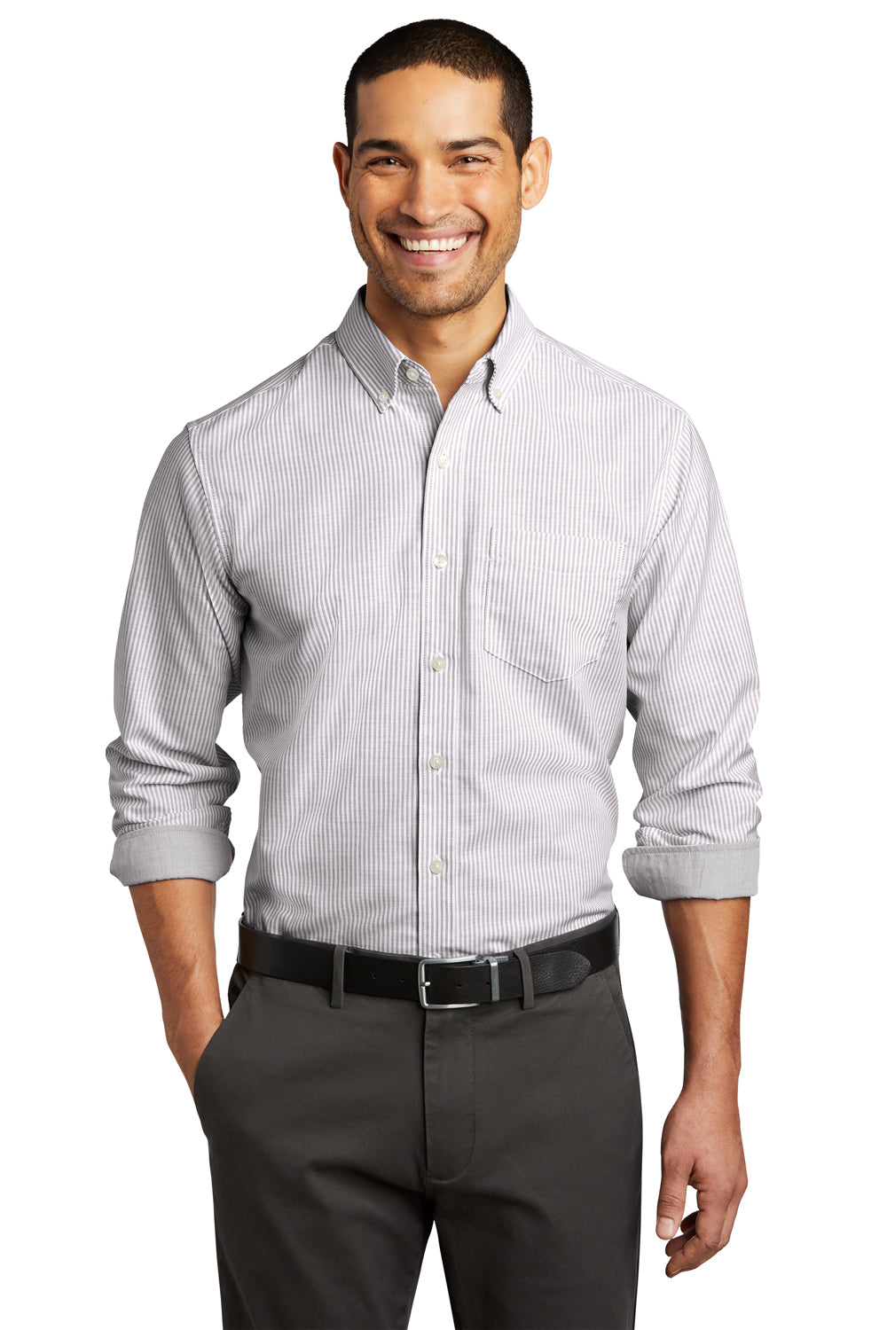 Port Authority Mens SuperPro Long Sleeve Button Down Shirt w/ Pocket Gusty Grey/White Front