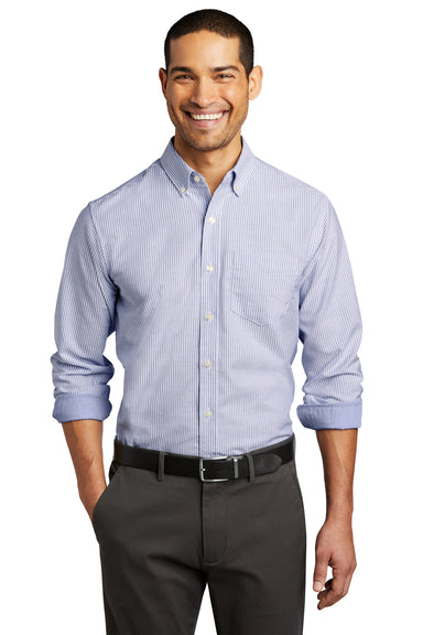 Port Authority Mens SuperPro Long Sleeve Button Down Shirt w/ Pocket Oxford Blue/White Front