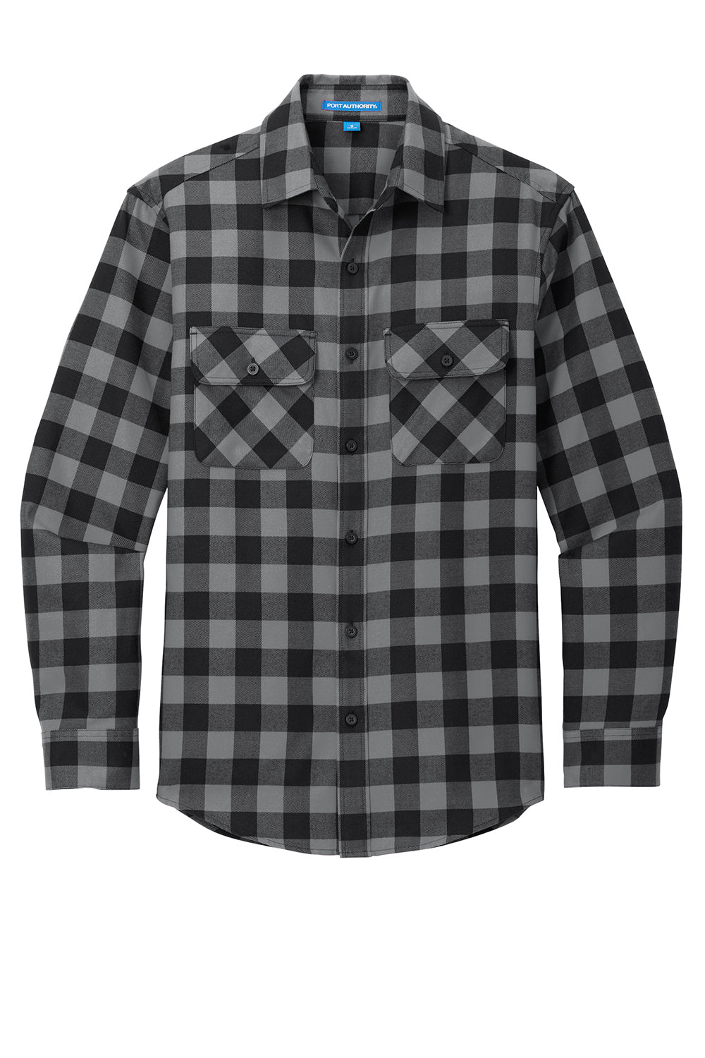 Port Authority W668 Mens Flannel Long Sleeve Button Down Shirt w/ Double Pockets Grey/Black Buffalo Flat Front
