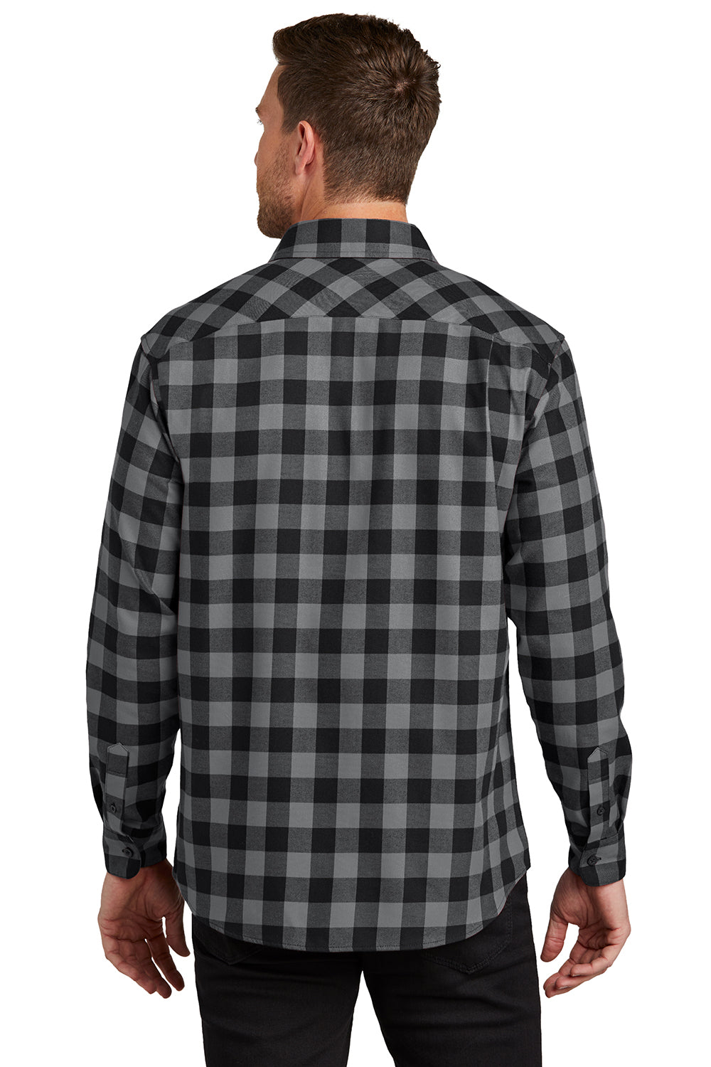 Port Authority W668 Mens Flannel Long Sleeve Button Down Shirt w/ Double Pockets Grey/Black Buffalo Back