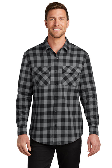 Port Authority W668 Mens Flannel Long Sleeve Button Down Shirt w/ Double Pockets Grey/Black Buffalo Front