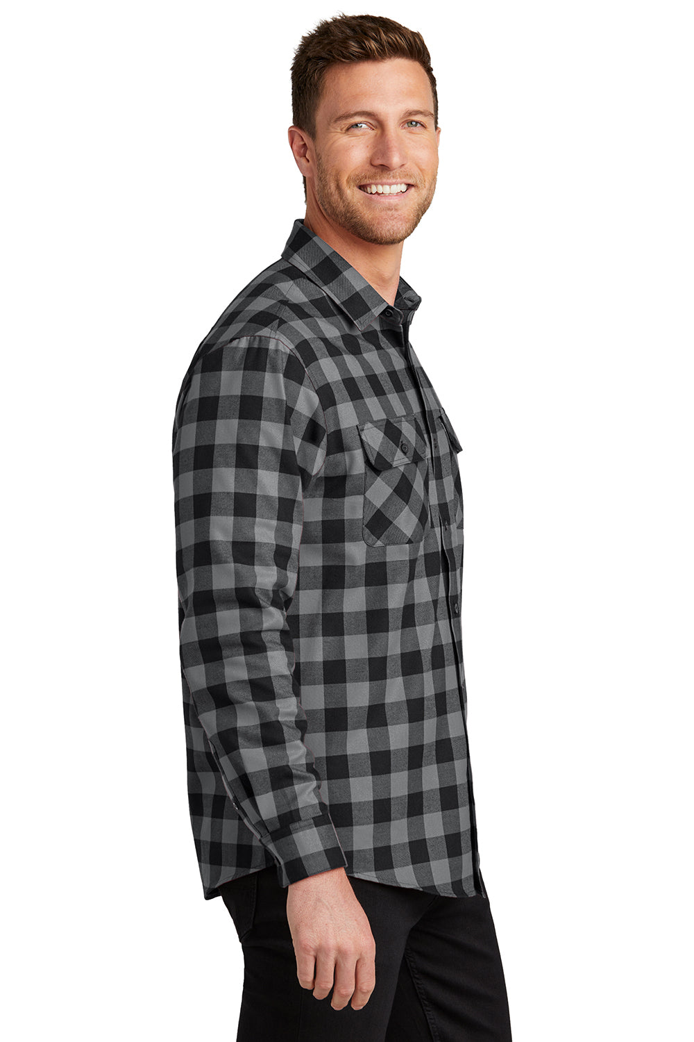 Port Authority W668 Mens Flannel Long Sleeve Button Down Shirt w/ Double Pockets Grey/Black Buffalo SIde