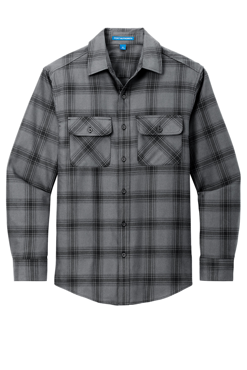 Port Authority W668 Mens Flannel Long Sleeve Button Down Shirt w/ Double Pockets Grey/Black Plaid Flat Front