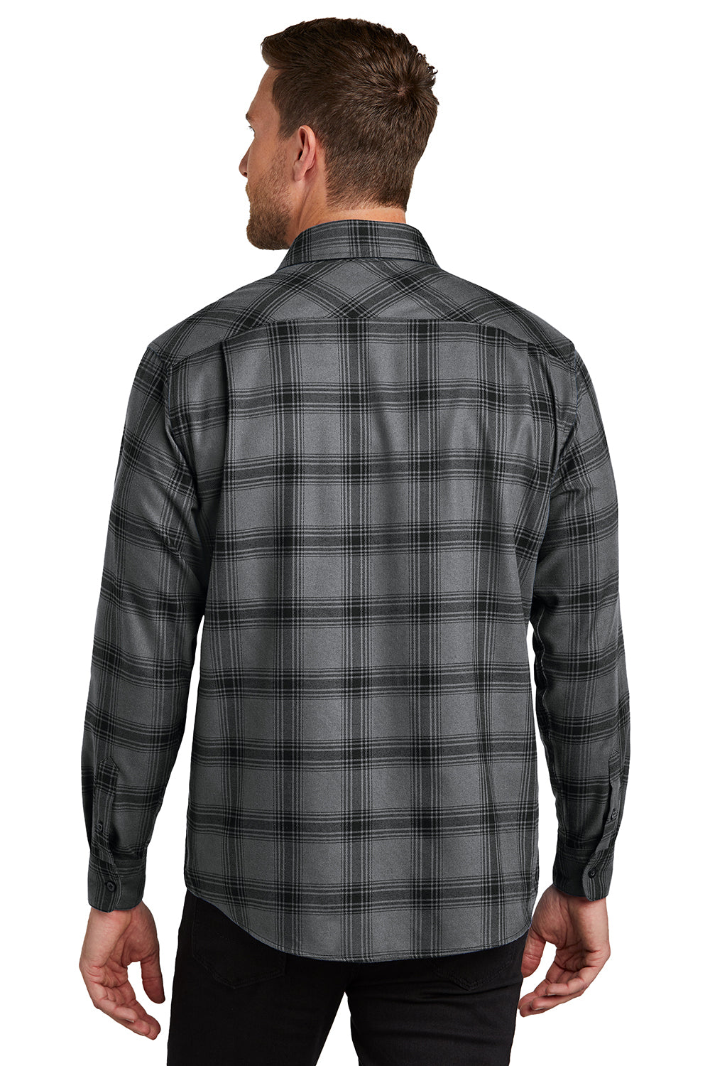 Port Authority W668 Mens Flannel Long Sleeve Button Down Shirt w/ Double Pockets Grey/Black Plaid Back