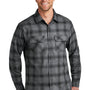 Port Authority Mens Flannel Long Sleeve Button Down Shirt w/ Double Pockets - Grey/Black Plaid