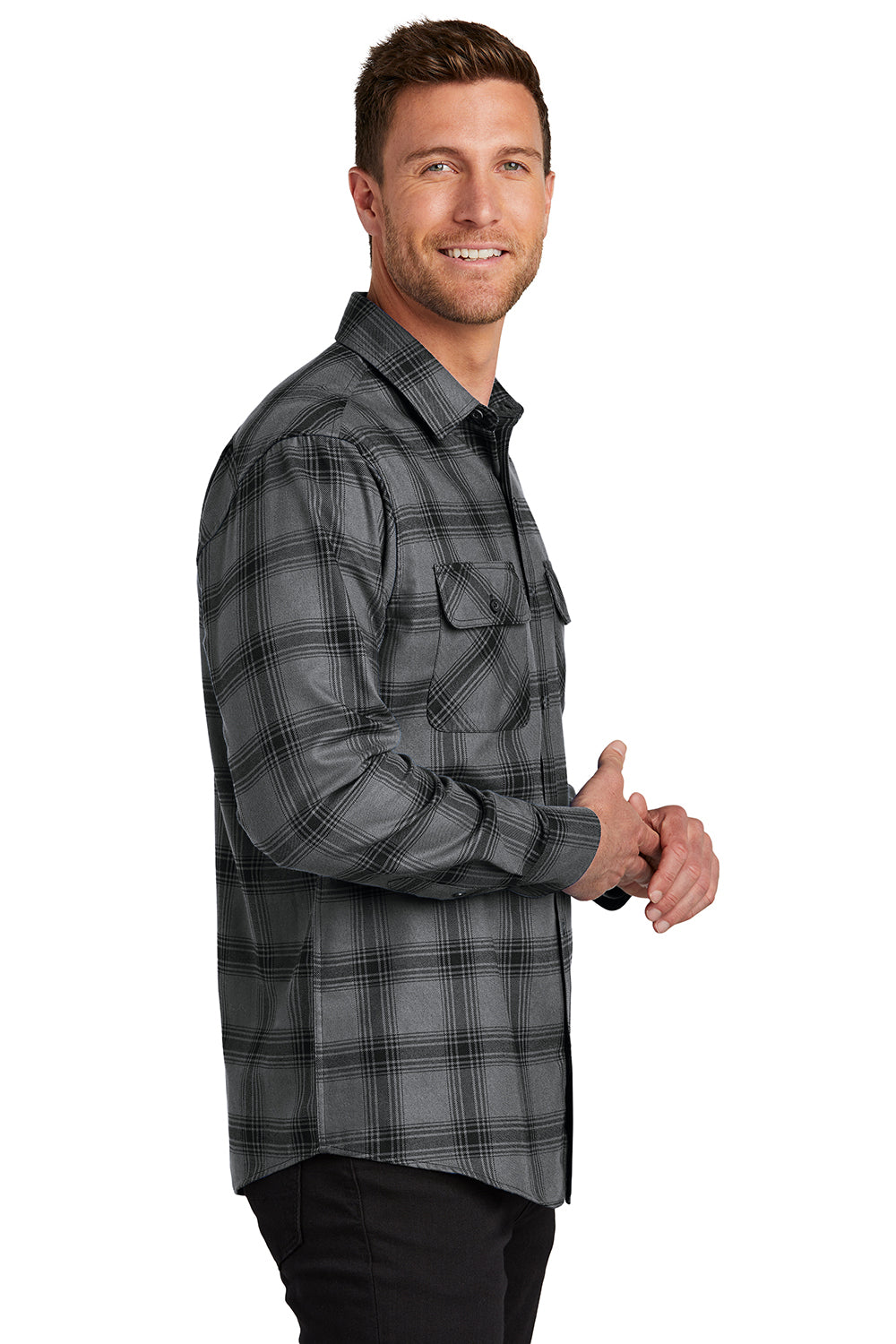 Port Authority W668 Mens Flannel Long Sleeve Button Down Shirt w/ Double Pockets Grey/Black Plaid SIde