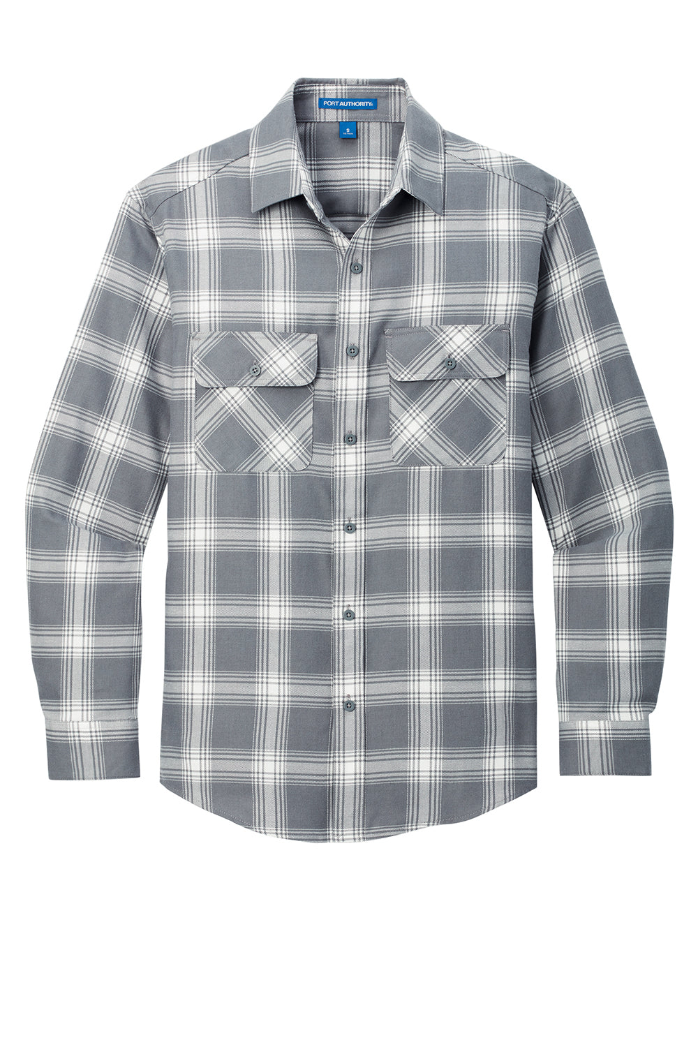 Port Authority W668 Mens Flannel Long Sleeve Button Down Shirt w/ Double Pockets Grey/Cream Plaid Flat Front