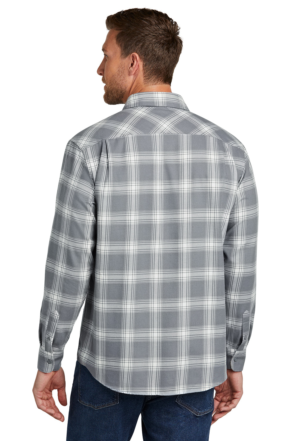 Port Authority W668 Mens Flannel Long Sleeve Button Down Shirt w/ Double Pockets Grey/Cream Plaid Back