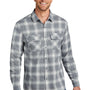 Port Authority Mens Flannel Long Sleeve Button Down Shirt w/ Double Pockets - Grey/Cream Plaid