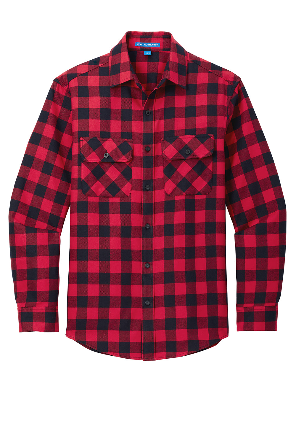 Port Authority W668 Mens Flannel Long Sleeve Button Down Shirt w/ Double Pockets Red/Black Buffalo Flat Front