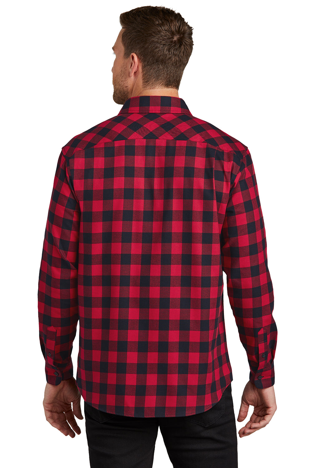 Port Authority W668 Mens Flannel Long Sleeve Button Down Shirt w/ Double Pockets Red/Black Buffalo Back