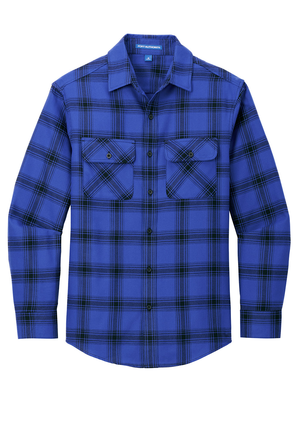 Port Authority W668 Mens Flannel Long Sleeve Button Down Shirt w/ Double Pockets Royal/Black Plaid Flat Front