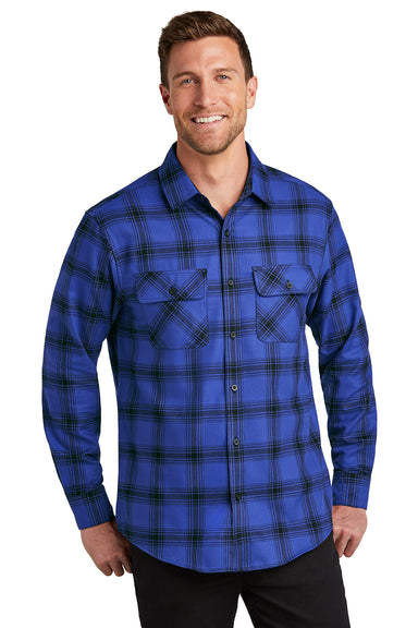 Port Authority W668 Mens Flannel Long Sleeve Button Down Shirt w/ Double Pockets Royal/Black Plaid Front