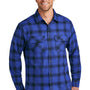 Port Authority Mens Flannel Long Sleeve Button Down Shirt w/ Double Pockets - Royal Blue/Black Plaid