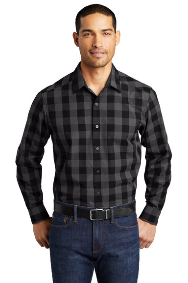 Port Authority Mens Everyday Plaid Long Sleeve Button Down Shirt Black Front