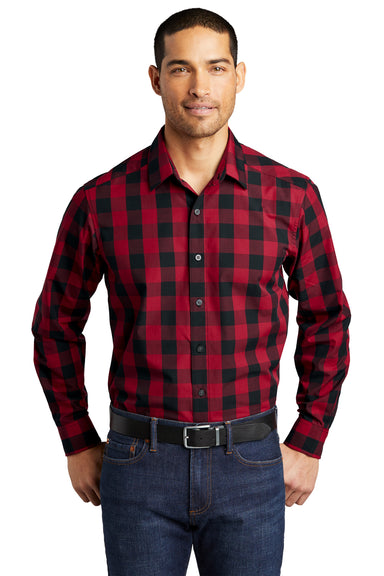 Port Authority Mens Everyday Plaid Long Sleeve Button Down Shirt Rich Red Front