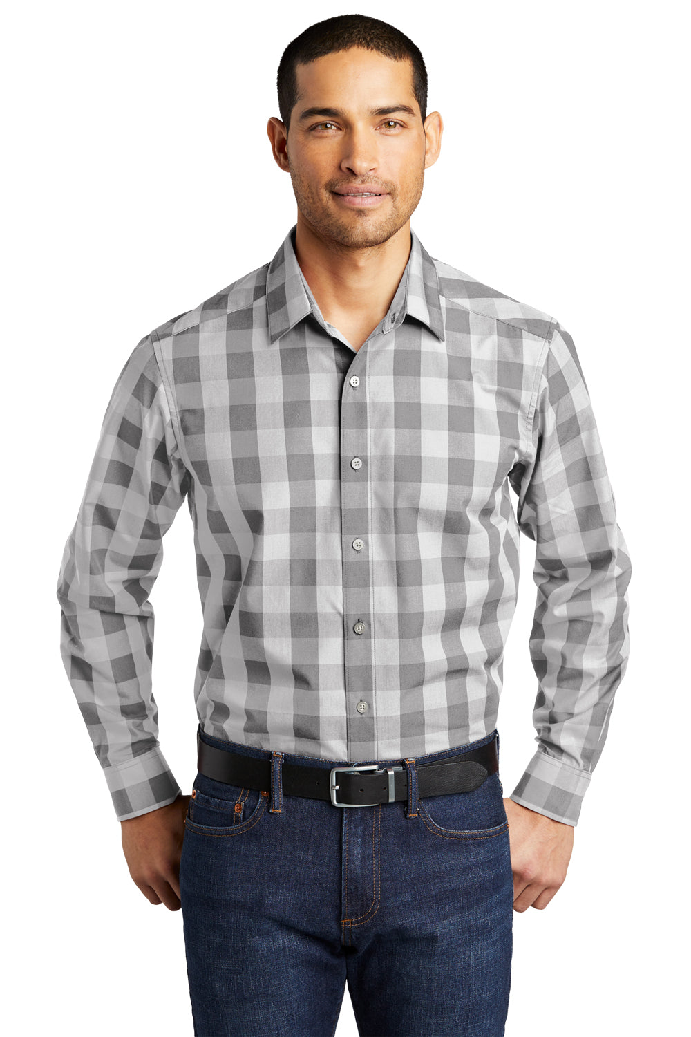 Port Authority Mens Everyday Plaid Long Sleeve Button Down Shirt Shadow Grey Front