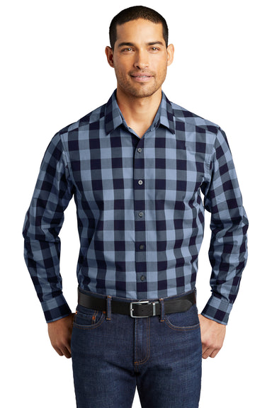 Port Authority Mens Everyday Plaid Long Sleeve Button Down Shirt True Navy Blue Front