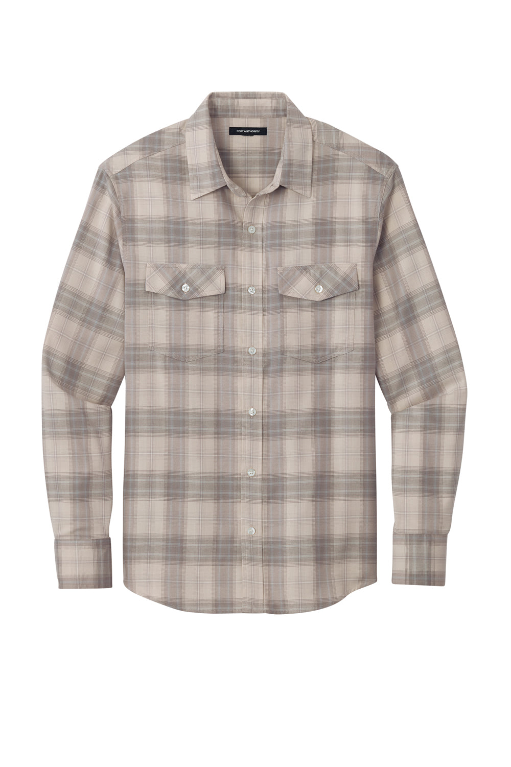 Port Authority W672 Ombre Plaid Long Sleeve Button Down Shirt Frost Grey Flat Front