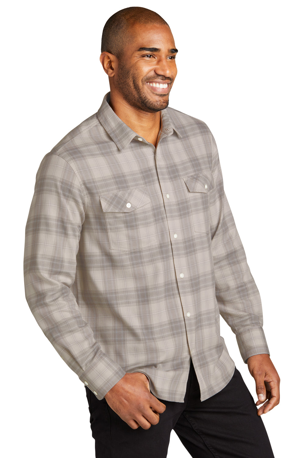 Port Authority W672 Ombre Plaid Long Sleeve Button Down Shirt Frost Grey 3Q