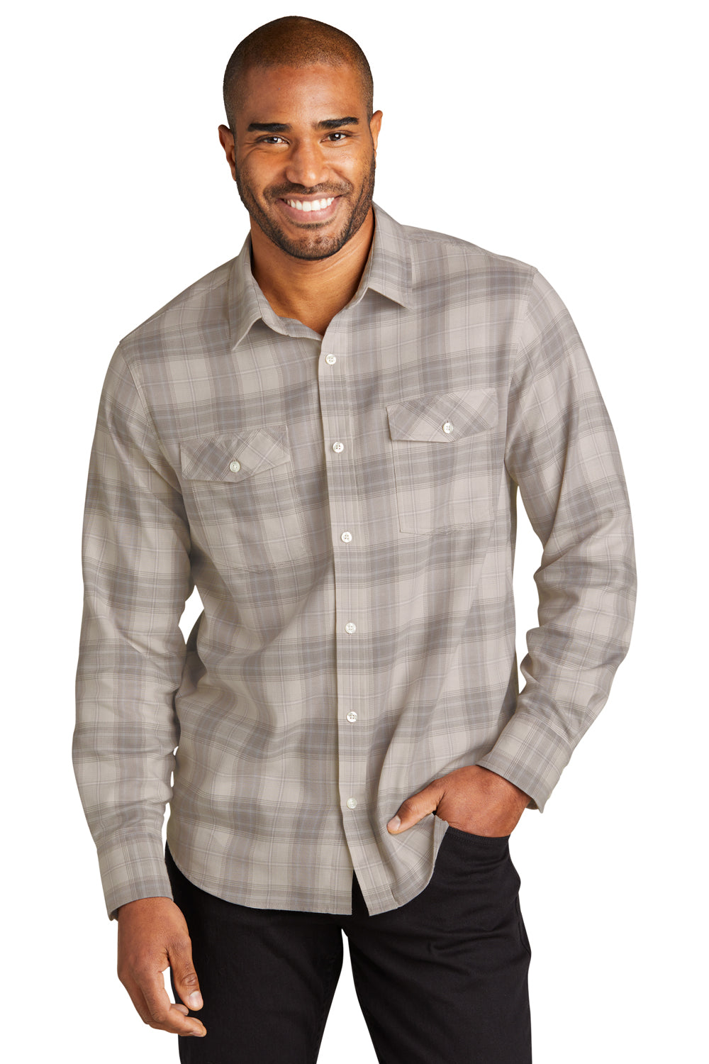 Port Authority W672 Ombre Plaid Long Sleeve Button Down Shirt Frost Grey Front