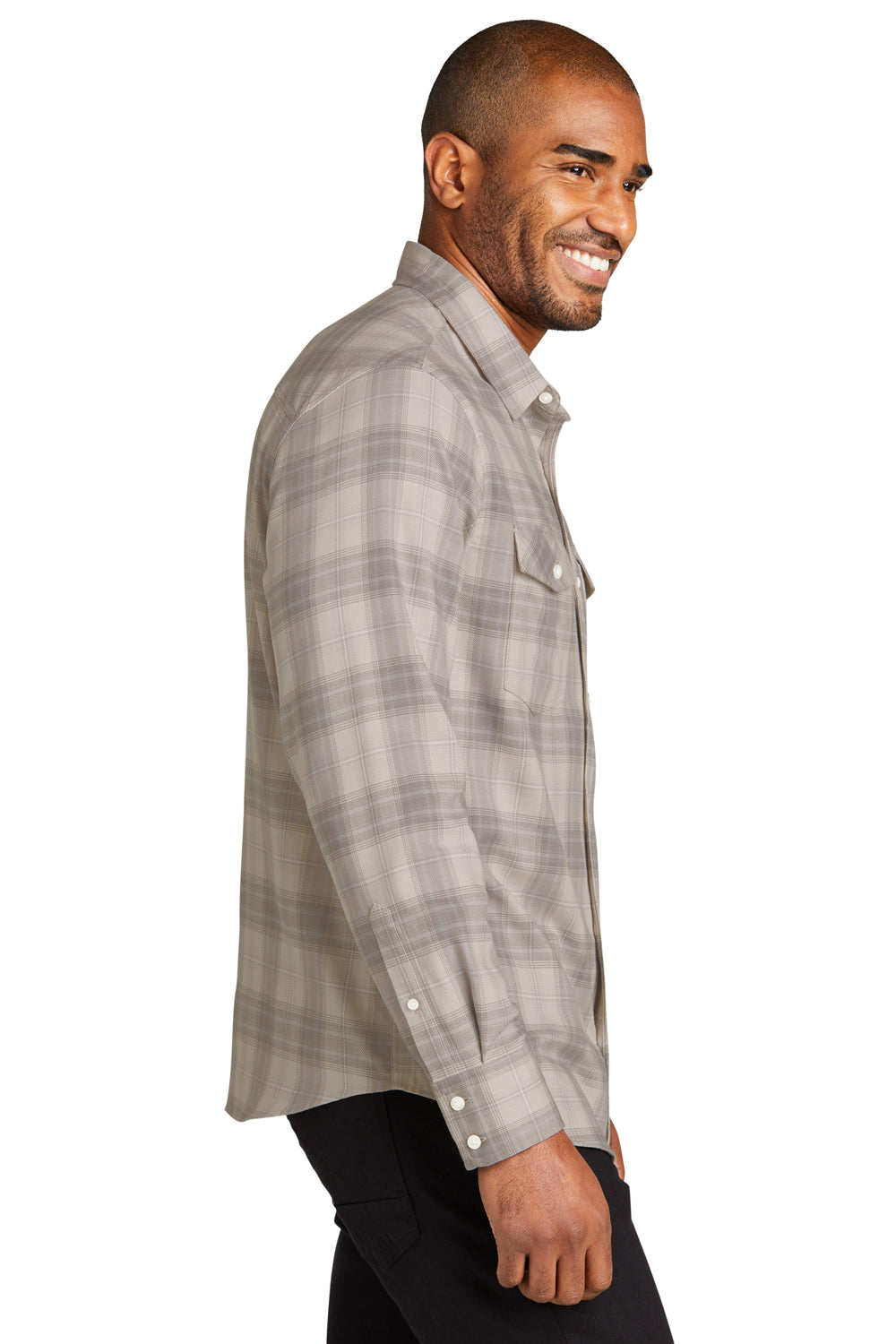 Port Authority W672 Ombre Plaid Long Sleeve Button Down Shirt Frost Grey Side