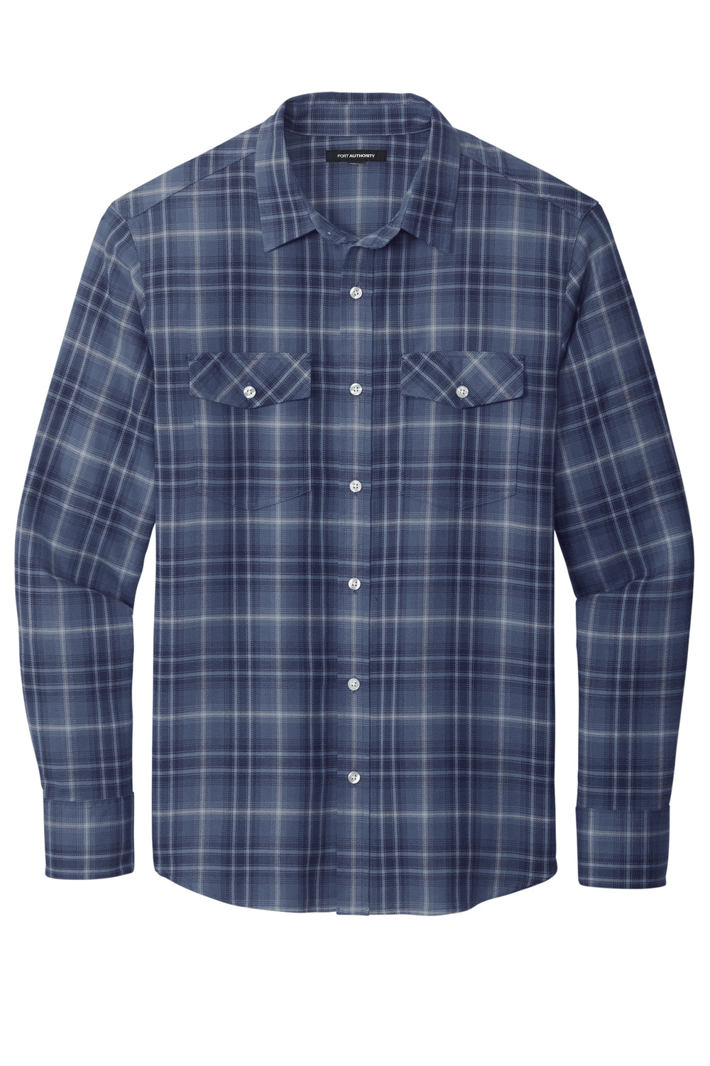Port Authority W672 Ombre Plaid Long Sleeve Button Down Shirt True Navy Blue Flat Front