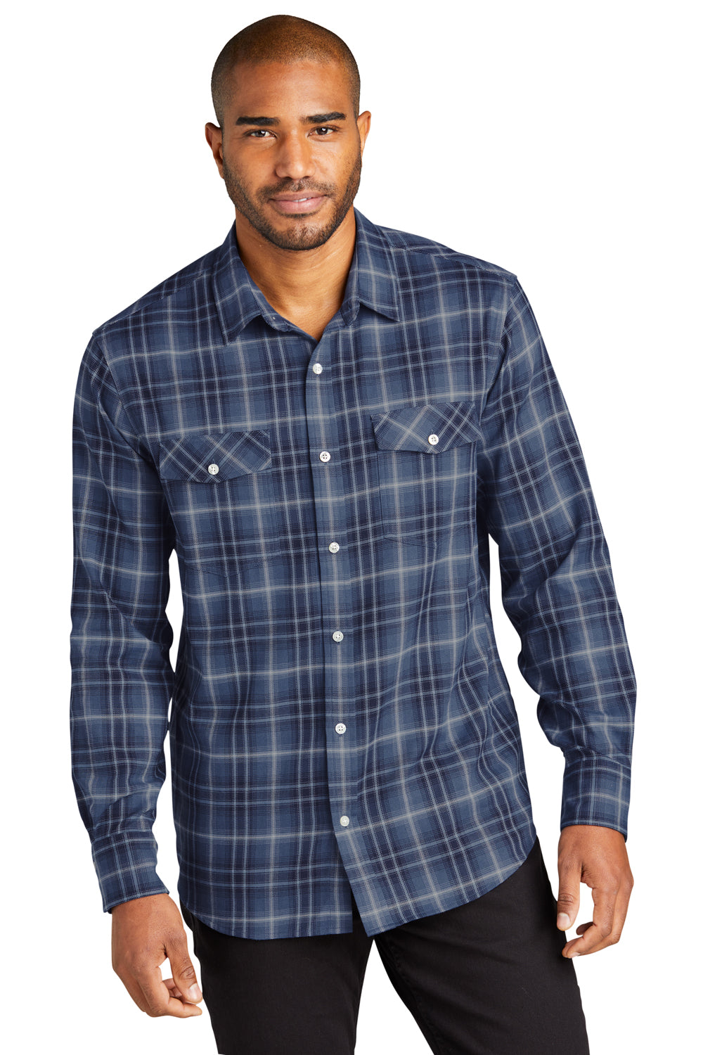 Port Authority W672 Ombre Plaid Long Sleeve Button Down Shirt True Navy Blue Front