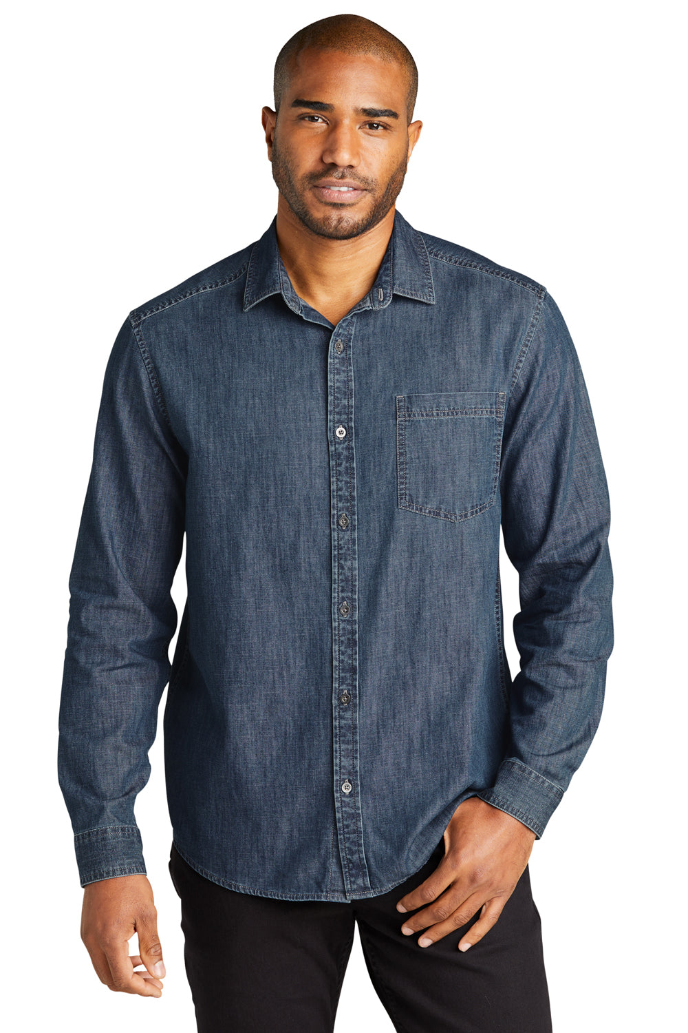 Port Authority W676 Perfect Denim Long Sleeve Button Down Shirt Medium Wash Front