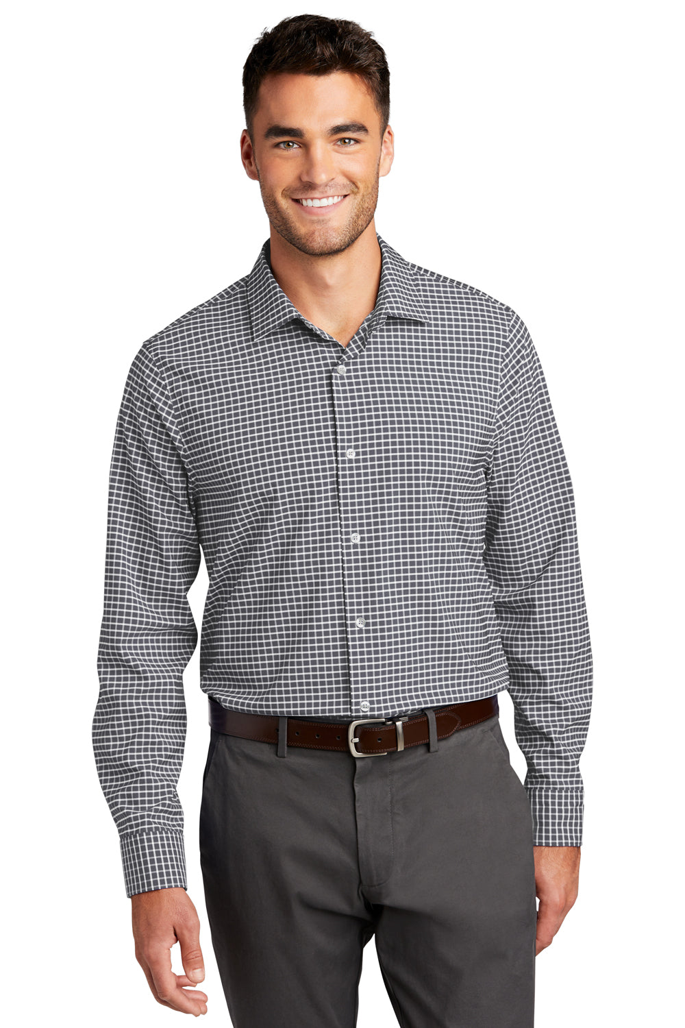 Port Authority Mens City Stretch Long Sleeve Button Down Shirt Graphite Grey/White Front