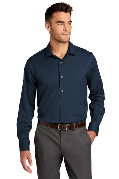 Port Authority Mens City Stretch Long Sleeve Button Down Shirt River Navy Blue Front