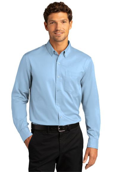 Port Authority Mens SuperPro Wrinkle Resistant React Long Sleeve Button Down Shirt w/ Pocket Cloud Blue Front