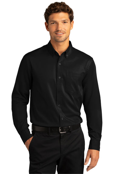 Port Authority Mens SuperPro Wrinkle Resistant React Long Sleeve Button Down Shirt w/ Pocket Deep Black Front