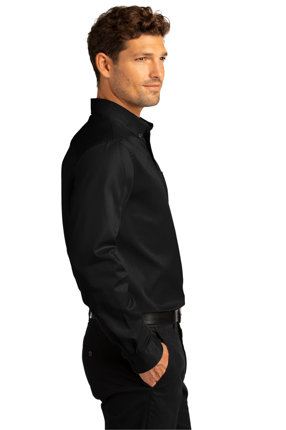 Port Authority Mens SuperPro Wrinkle Resistant React Long Sleeve Button Down Shirt w/ Pocket Deep Black Side