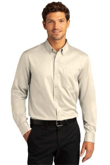 Port Authority Mens SuperPro Wrinkle Resistant React Long Sleeve Button Down Shirt w/ Pocket Ecru Front