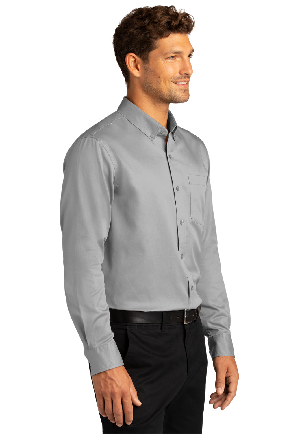 Port Authority W808 SuperPro Wrinkle Resistant React Long Sleeve Button Down Shirt w/ Pocket Gusty Grey 3Q