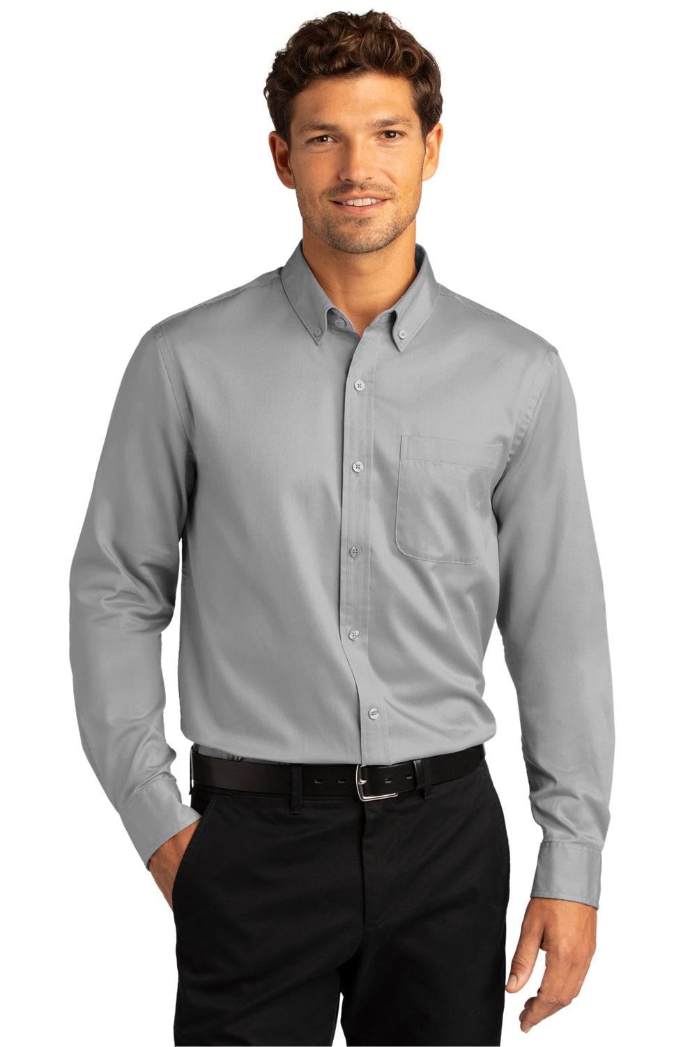 Port Authority Mens SuperPro Wrinkle Resistant React Long Sleeve Button Down Shirt w/ Pocket Gusty Grey Front